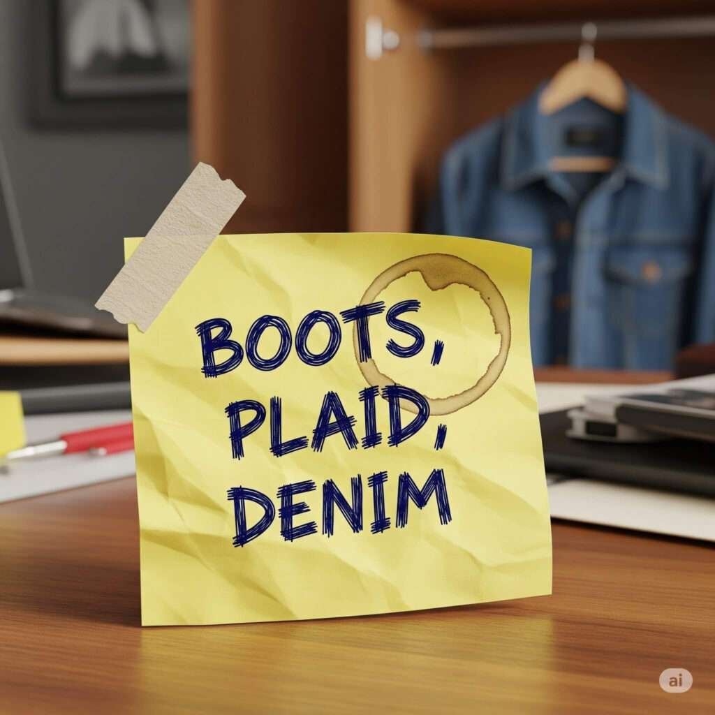 Boots, plaid, denim sticky note.