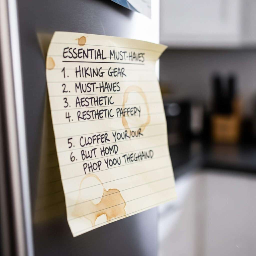 Crumpled sticky note, hiking list, coffee stains, fridge.