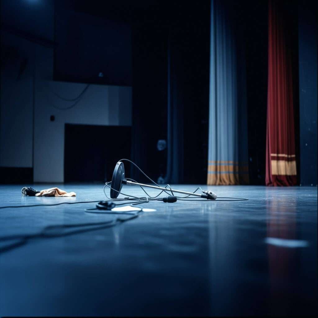Dimly lit empty stage with knocked-over mic stand.