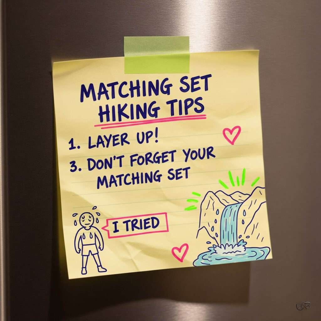 Matching Set Hiking Tips" sticky note on fridge.