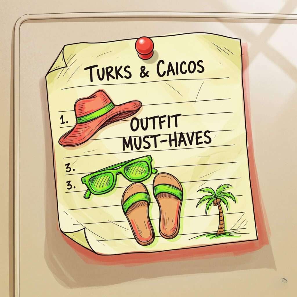 Hand-drawn list: Turks & Caicos outfit must-haves.