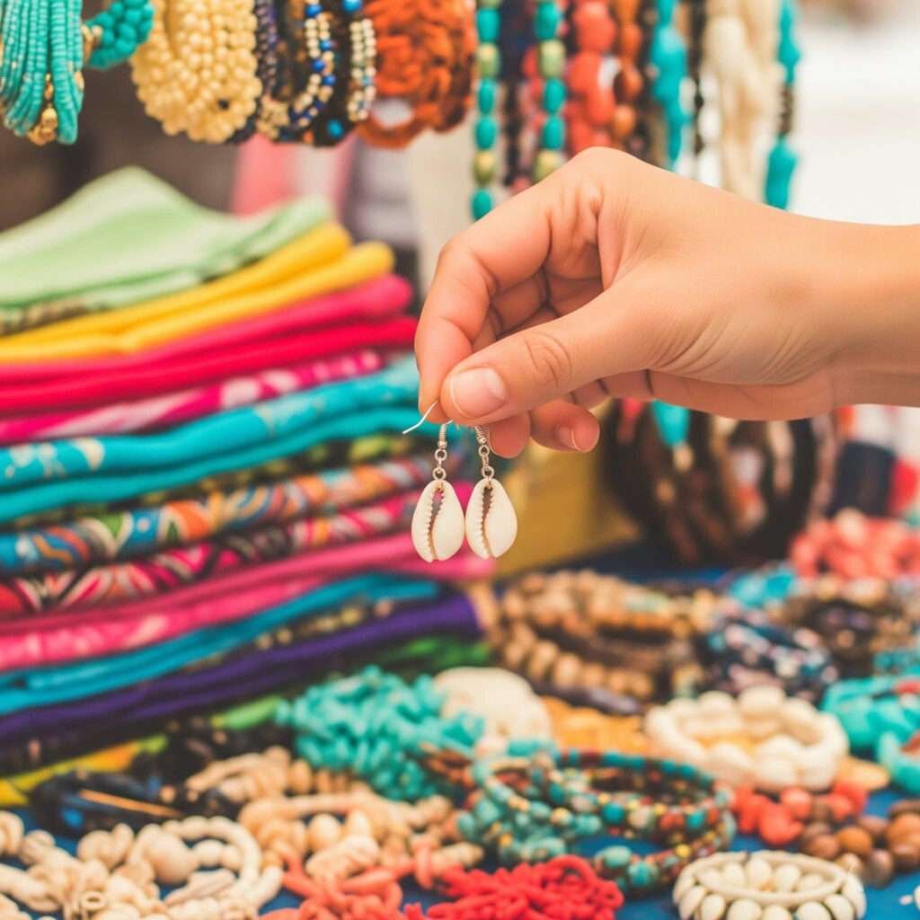 Hand grabbing shell earrings at a vibrant Turks