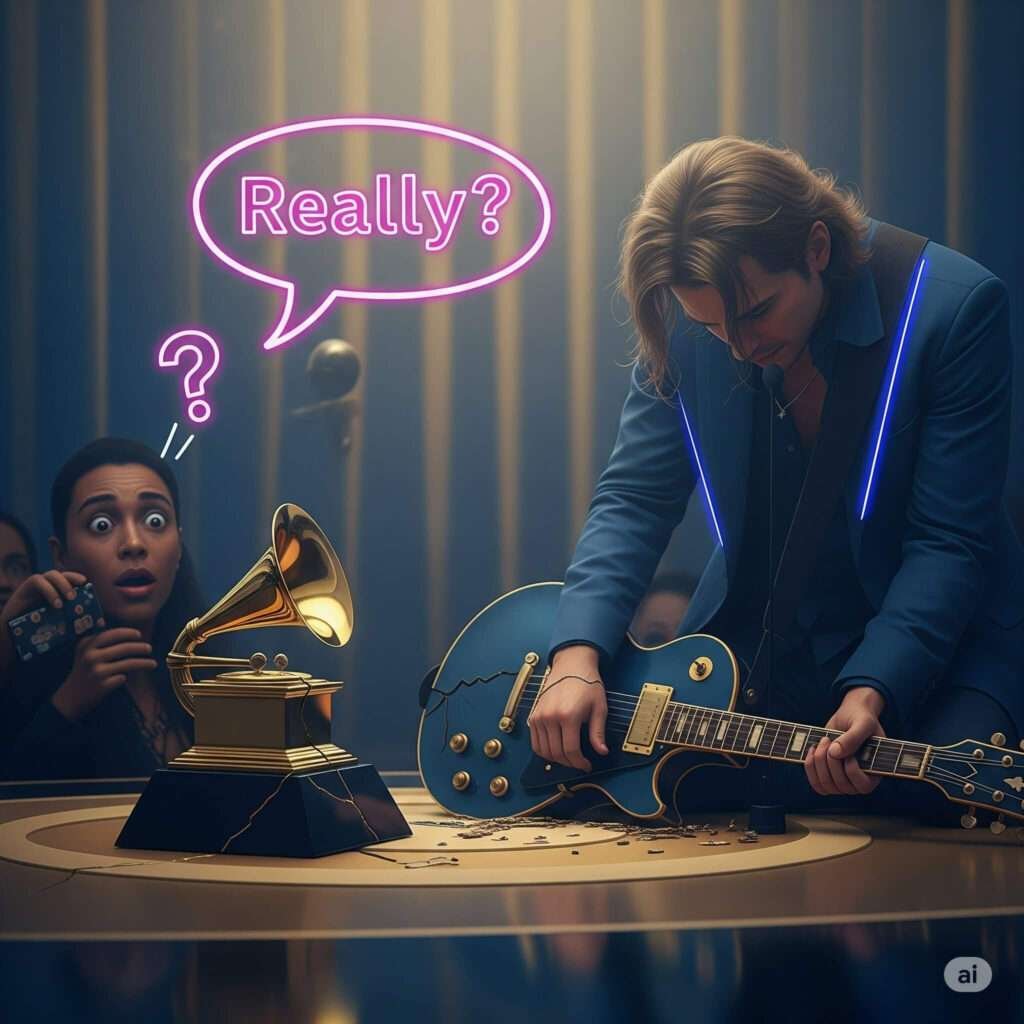 Cracked Grammy trophy, disappointed artist