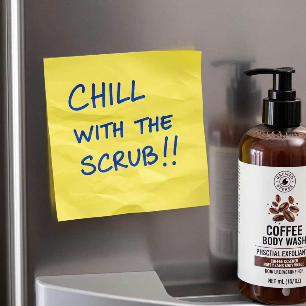 Crumpled sticky note on fridge next to coffee