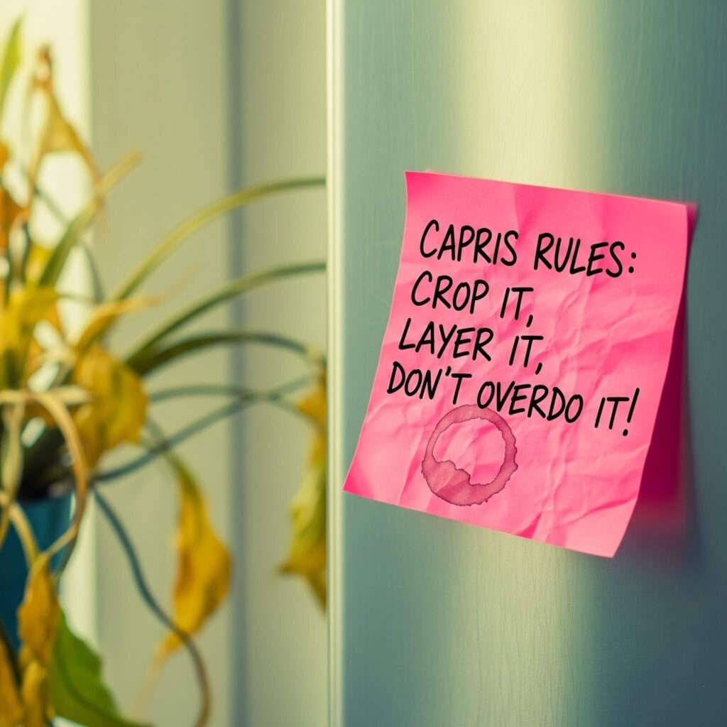 Crumpled sticky note with capris rules.