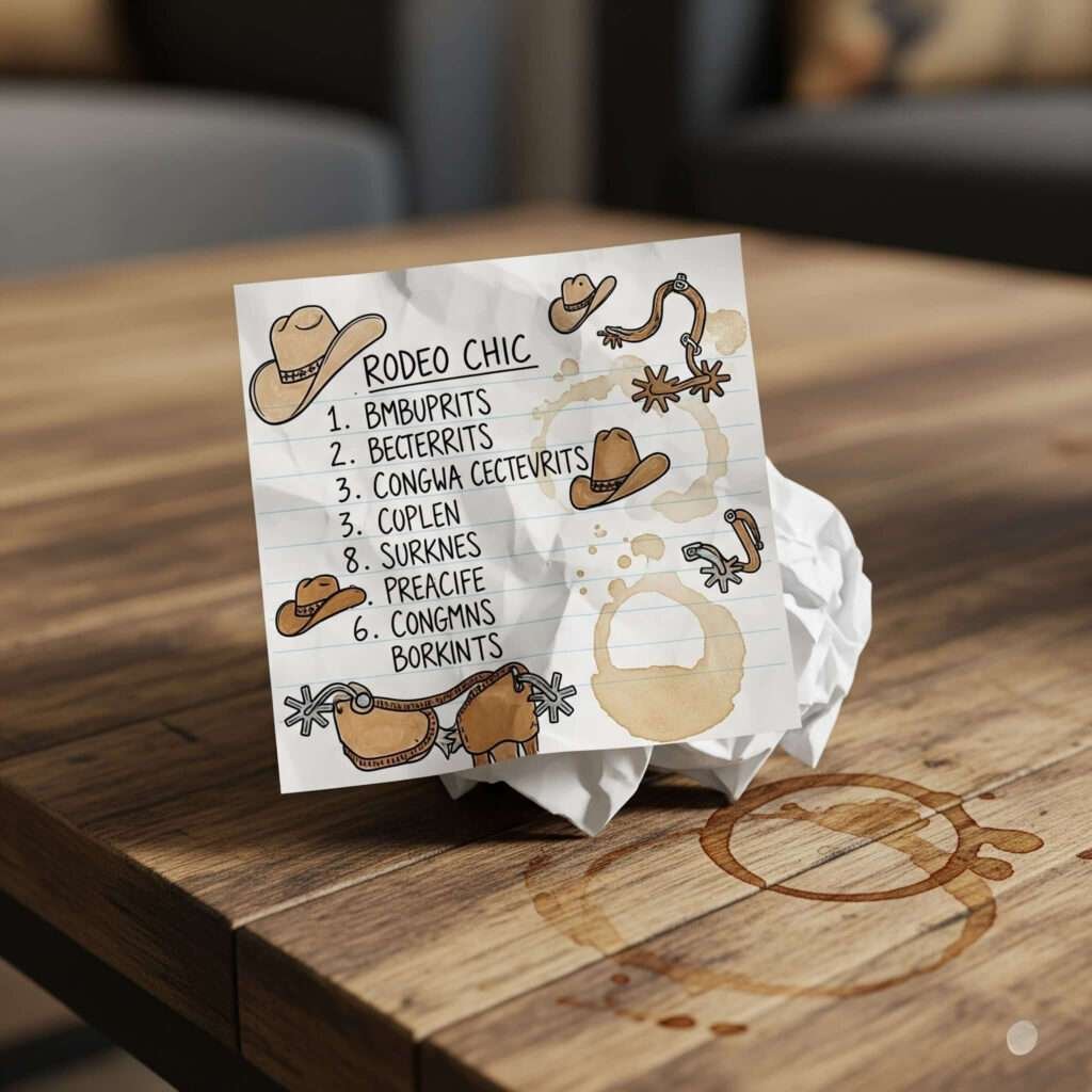 Sticky note, rodeo chic list, doodles, coffee stains.
