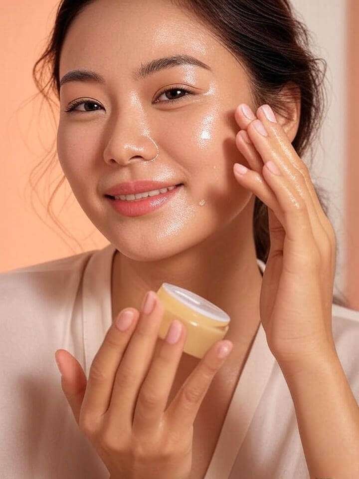 A woman applying a waterless oil or balm, with glowy skin.