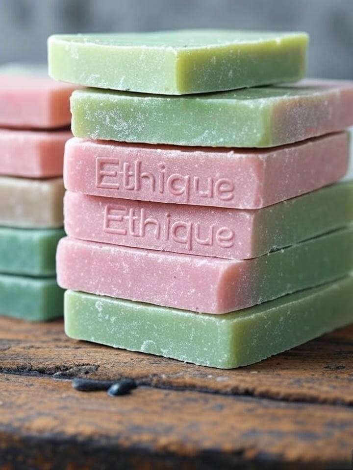 Close-up of Ethique’s waterless shampoo bars in pink and green, stacked unevenly on a wooden surface with smudged water droplets, showcasing a vibrant, eco-conscious vibe.
