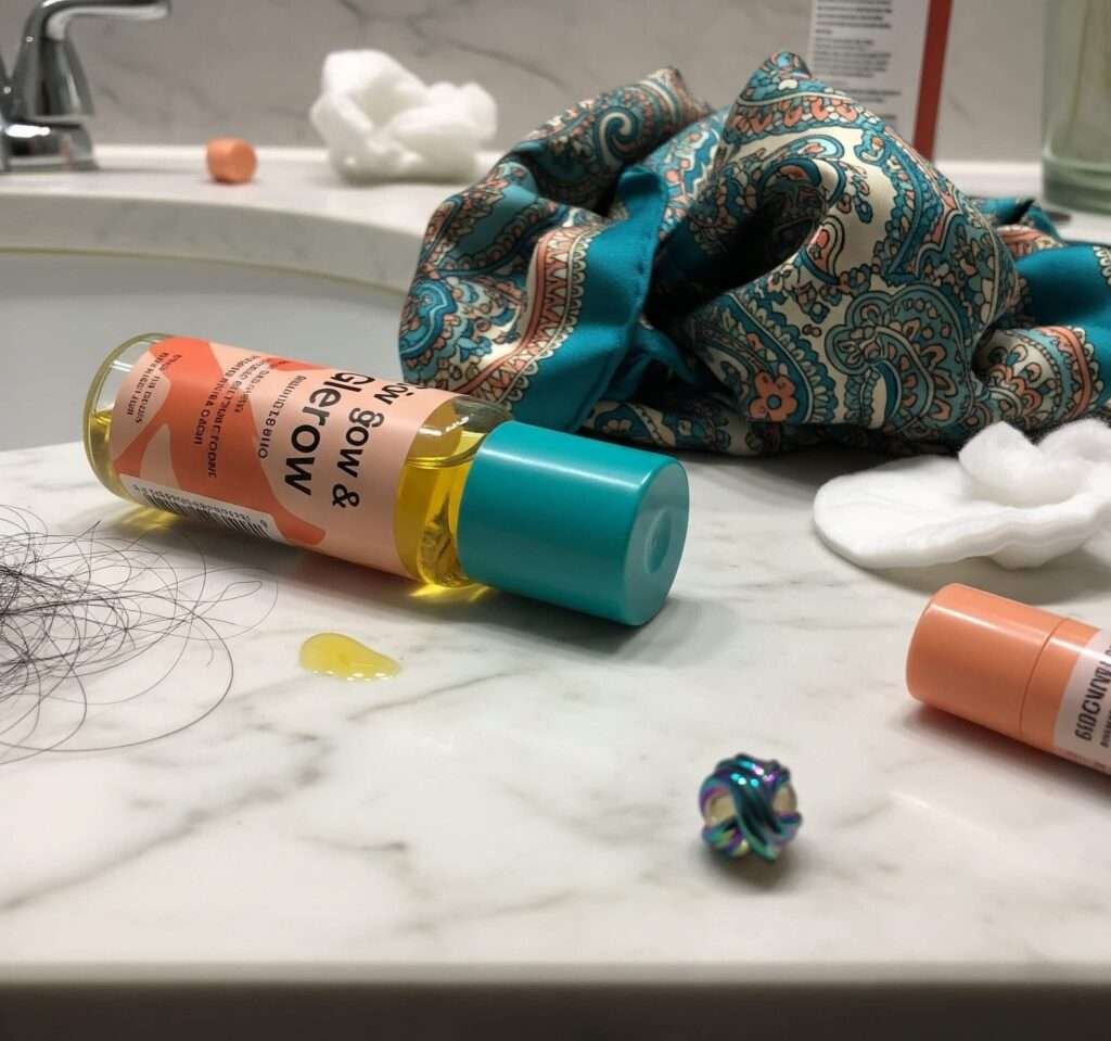 Messy Bathroom Counter with Hair Oil, Scarf, and Braid Bead