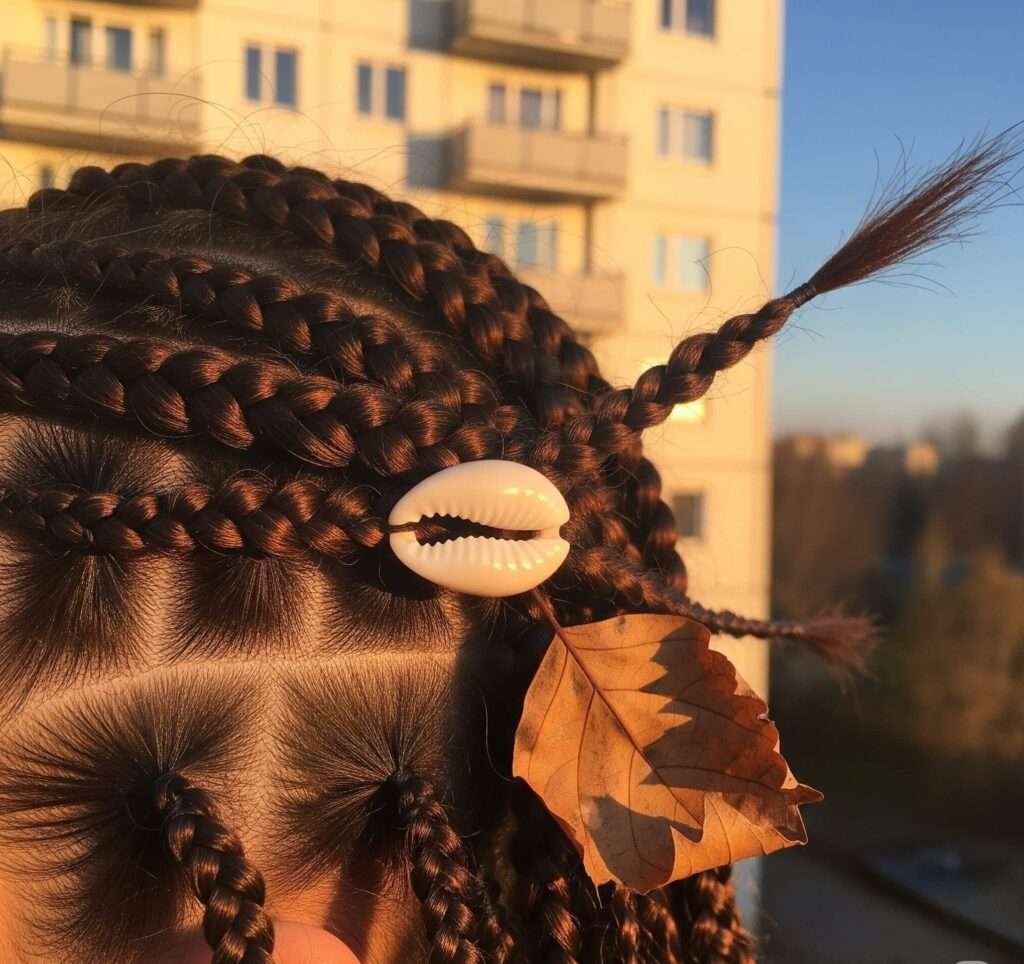 Golden Hour Braids: A Close-Up with a Seashell and a Leaf