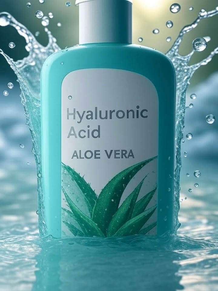 Close-up of a body wash bottle label with 'Hyaluronic Acid' and 'Aloe Vera,' water splash, aqua and white design for a clean, fresh look.