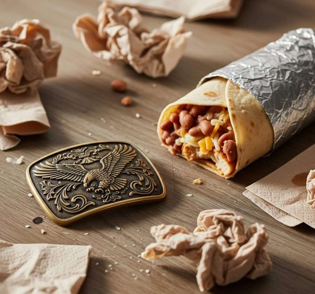 Belt Buckle and Burrito on Kitchen Table