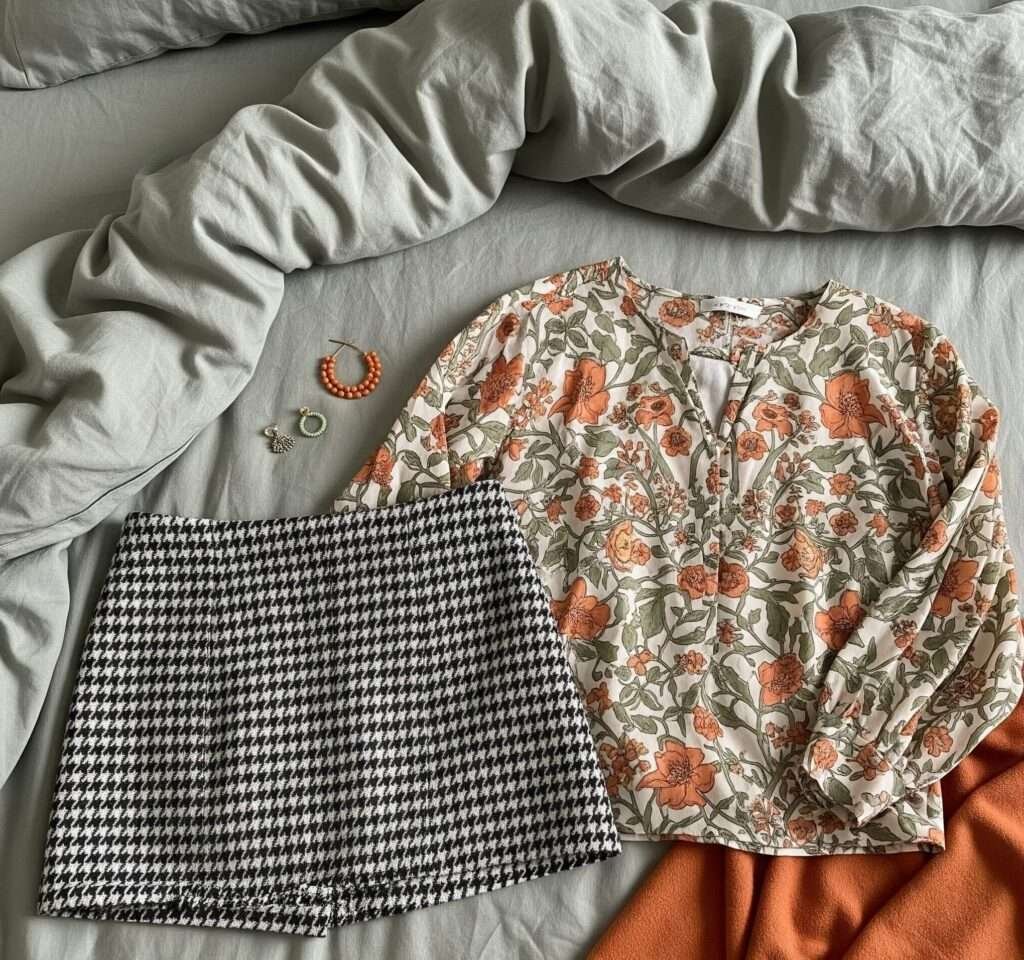 **Houndstooth & Floral Outfit Flat-Lay**