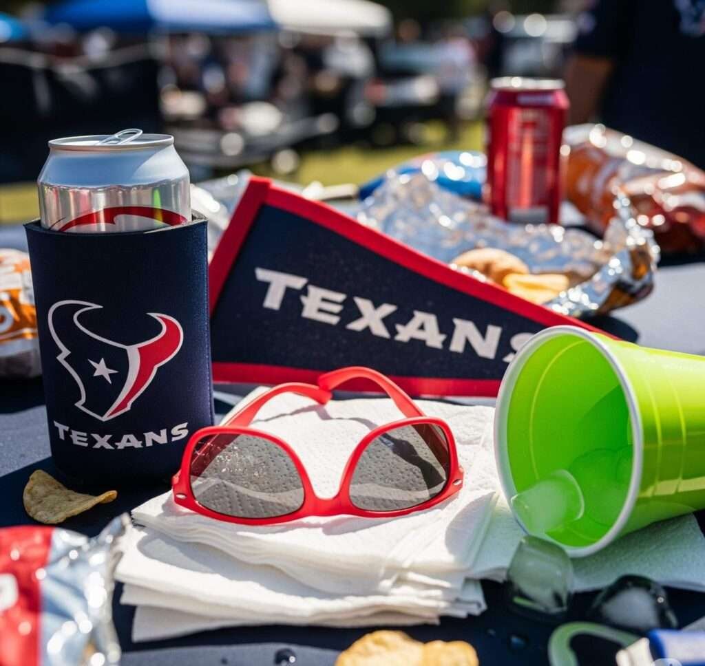 Messy Texans tailgate: Koozie, sunglasses, and a crumpled pennant.