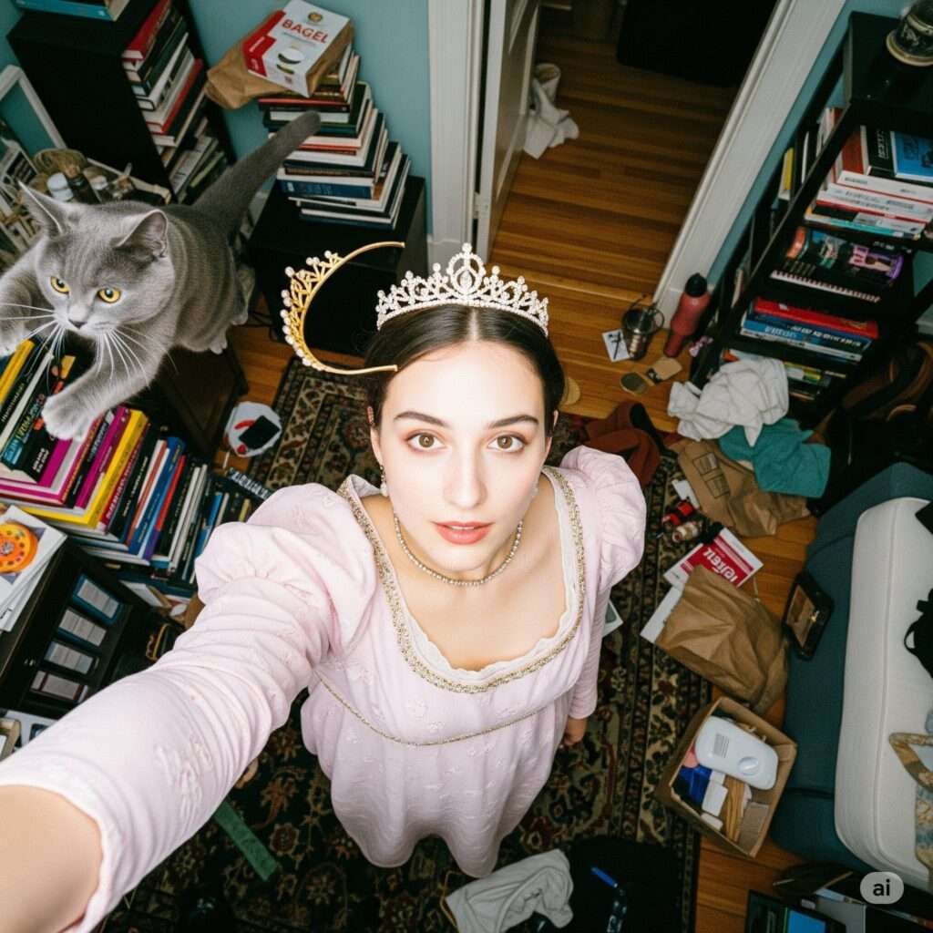 Selfie in Regency gown with cat and messy apartment.