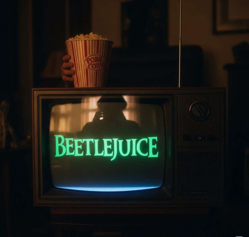 Nostalgic CRT TV playing Beetlejuice with Popcorn Reflection