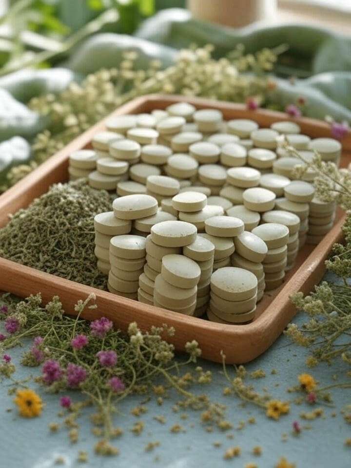 Rustic Waterless Bars and Tablets on Wooden Tray with Dried Herbs