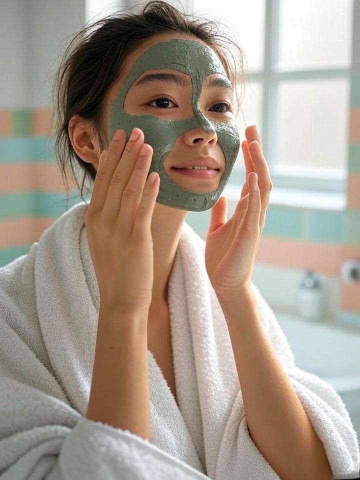 Woman applying a waterless clay mask in a bright bathroom, with a green-tinted mask and messy hair, capturing the powder-to-paste moment in a relatable, eco-friendly setting."