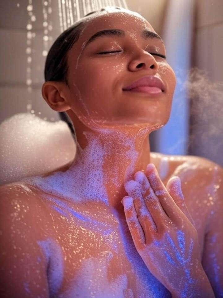 Person applying body wash in the shower, radiant skin glowing with foam and water, in warm golds and pinks for a cozy, aspirational vibe.