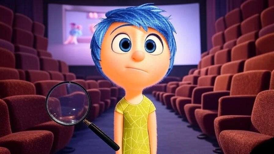 Inside Out 2 Trailer Breakdown: Joy with a magnifying glass in a theater, uncovering hidden clues about Riley’s puberty journey, Pixar style, releasing June 14, 2024.