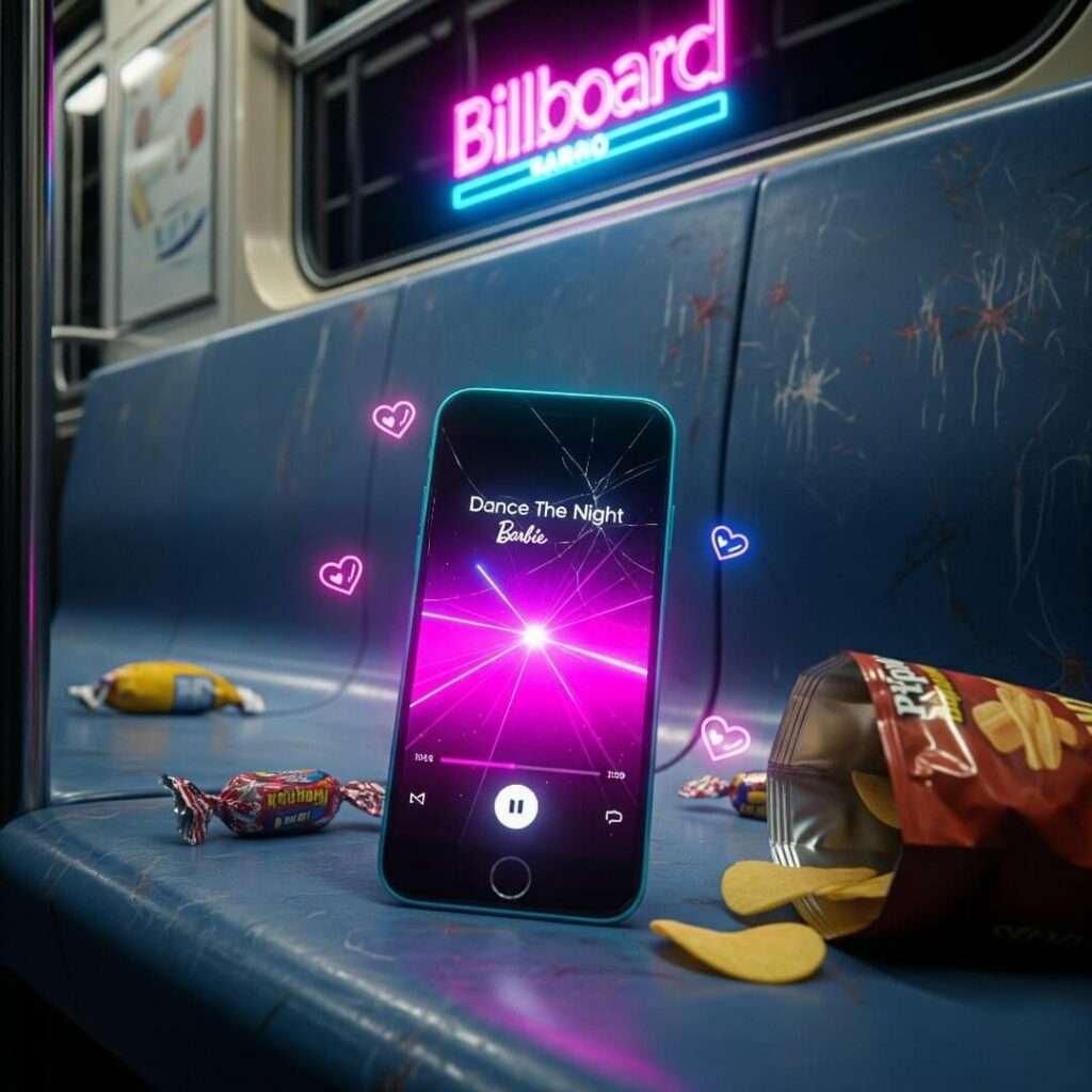 A low-angle, retro-futuristic shot of a smartphone on a subway seat playing music with a neon Billboard logo glowing above it.