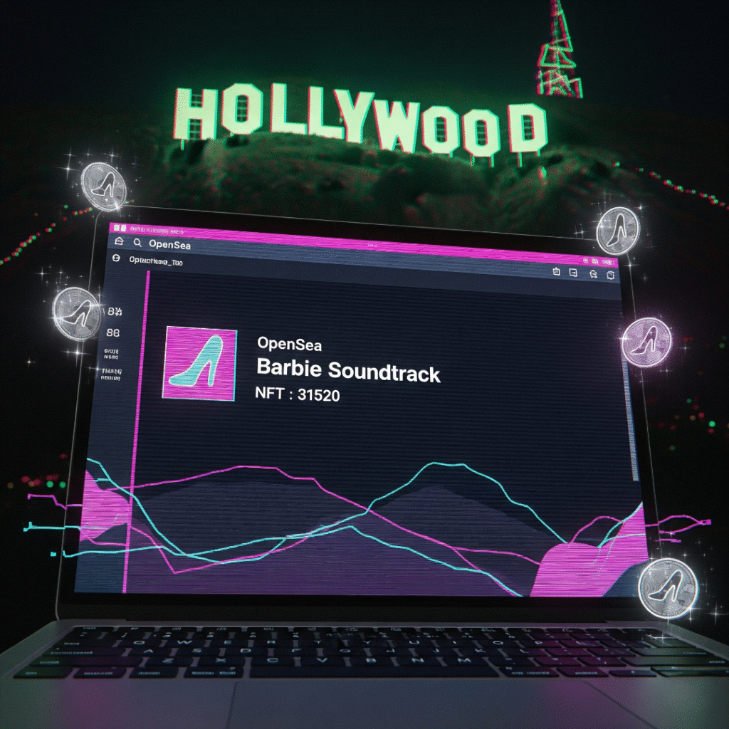 A low-angle, glitchy digital shot of a laptop screen showing an OpenSea listing for a Barbie soundtrack NFT, with a neon Hollywood sign in the background.