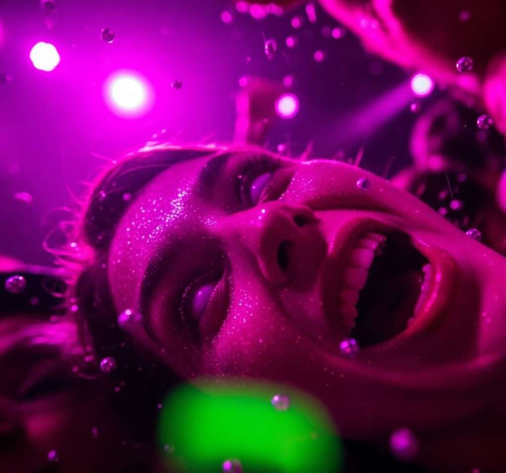 Ecstatic Concertgoer in Blurry, Chaotic Shot.