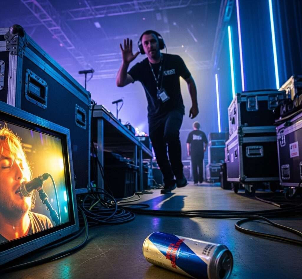 Sprinting Roadie View: Backstage Chaos & Neon Lights