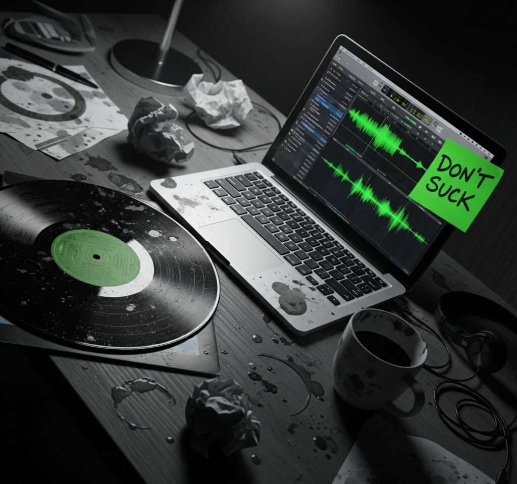 Music Production Chaos: Gritty Desk & AI Software