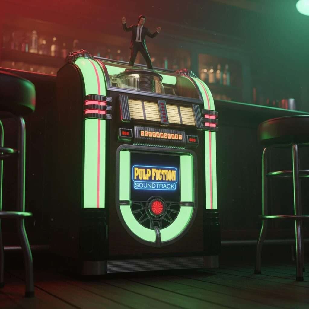A neon-lit jukebox in a dark bar, with a tiny dancing figure of John Travolta on top. The display reads "Pulp Fiction Soundtrack".