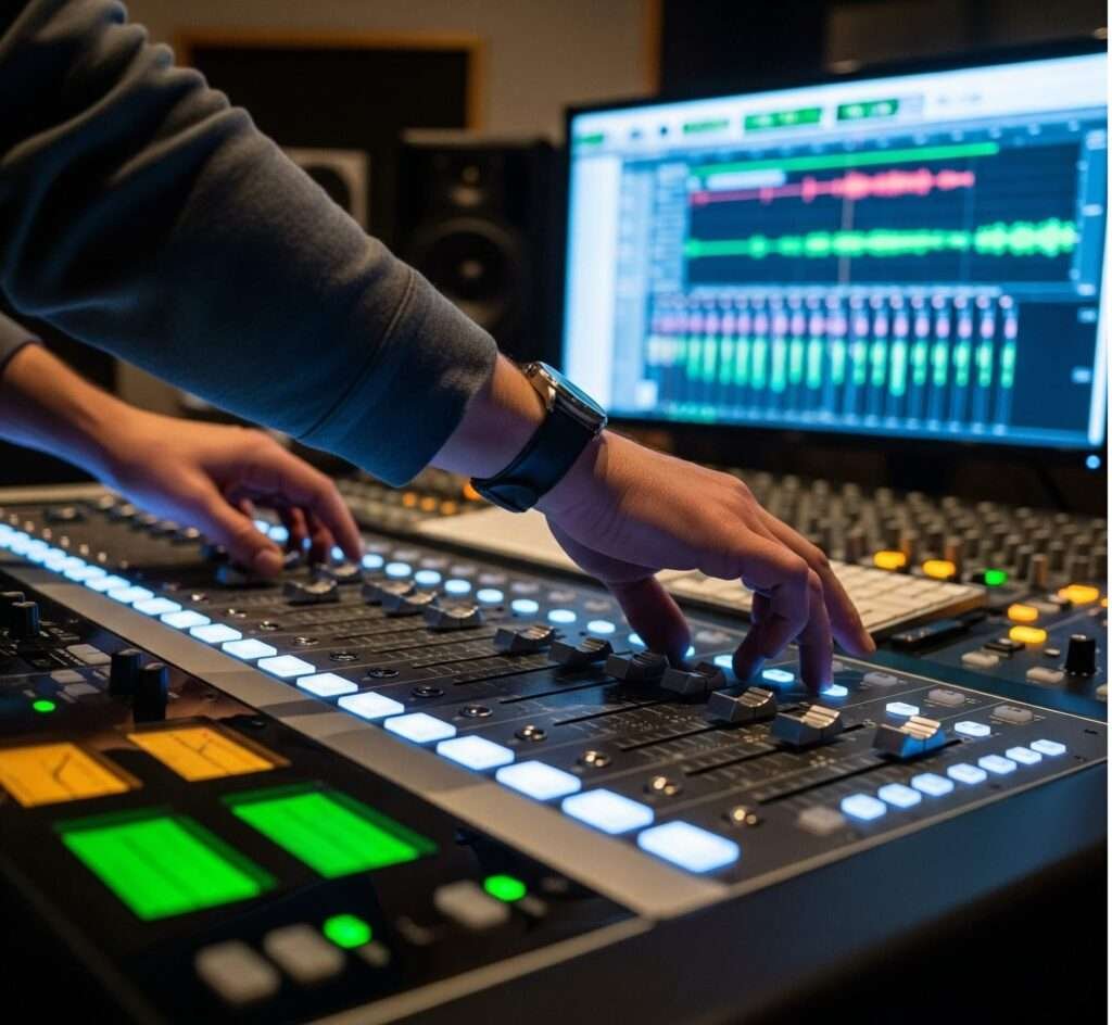 Producer's hands on glowing mixing board during album production.