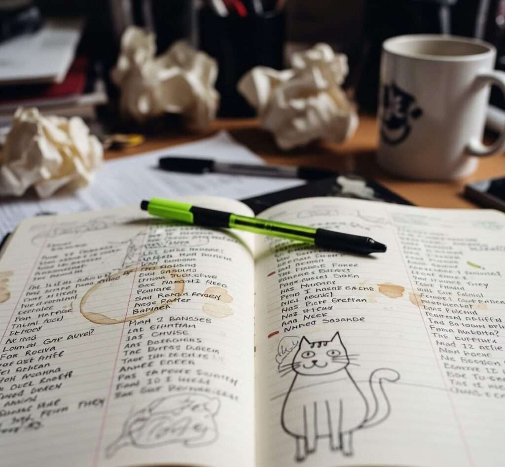 Messy Notebook with Handwritten Lyrics & Cat Doodle