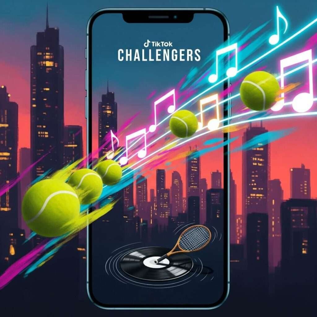A surreal digital painting of a phone screen showing a "Challengers" TikTok edit. Tennis balls morph into neon musical notes against a city skyline, with a tiny tennis racket spinning like a vinyl record.