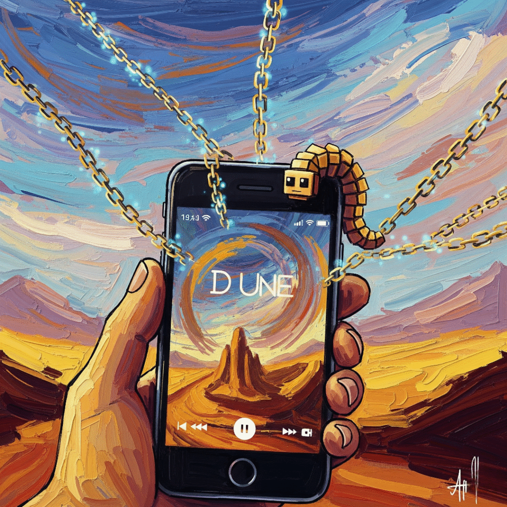 A surreal digital painting of a smartphone displaying a Dune NFT music clip, with blockchain chains fading into a desert horizon.