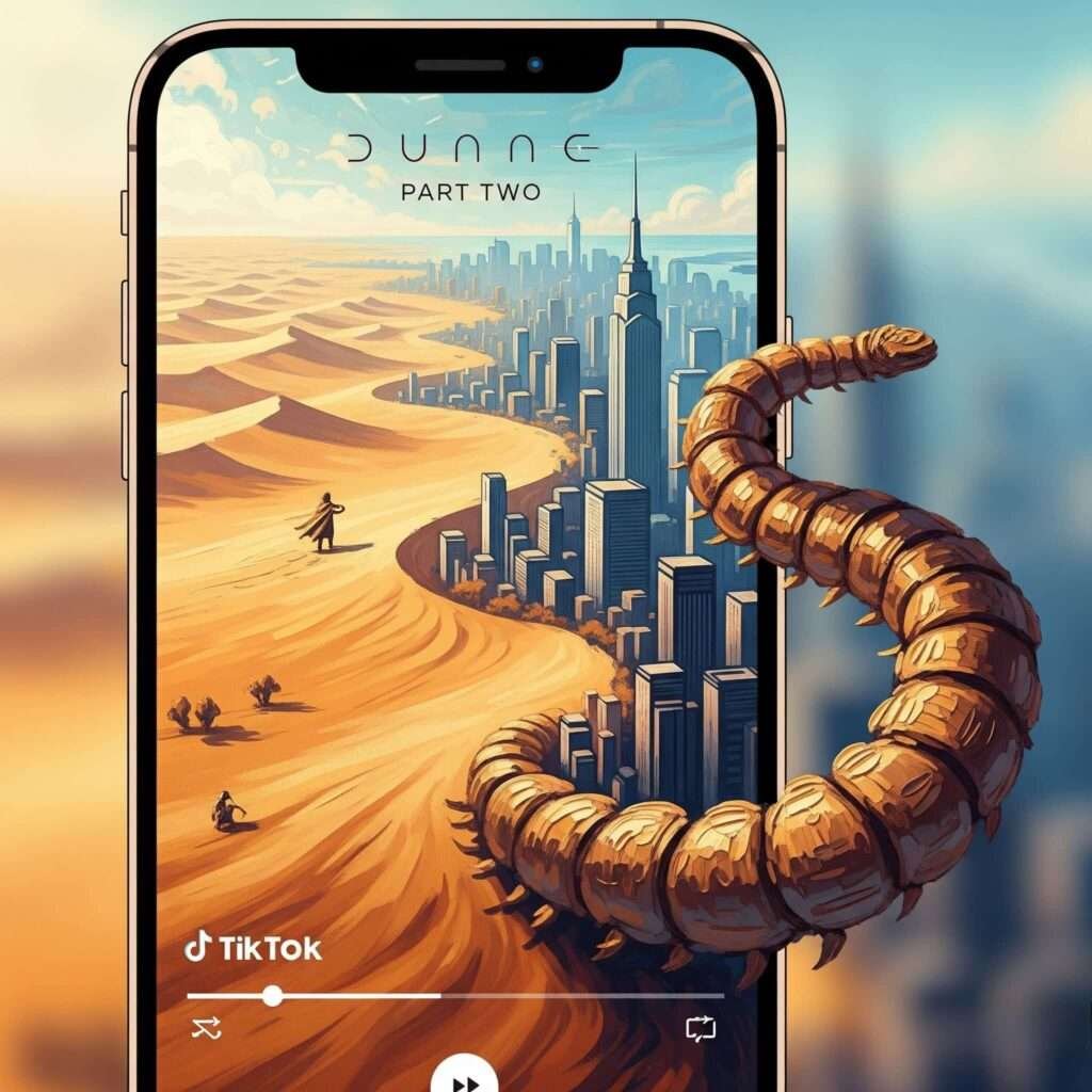 A smartphone screen showing an impressionistic digital painting of desert sands blending into a city skyline. A large sandworm curls around the edge of the phone.