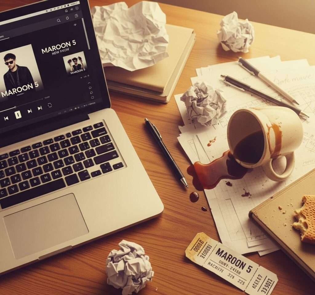 Cluttered Desk Maroon 5 Laptop