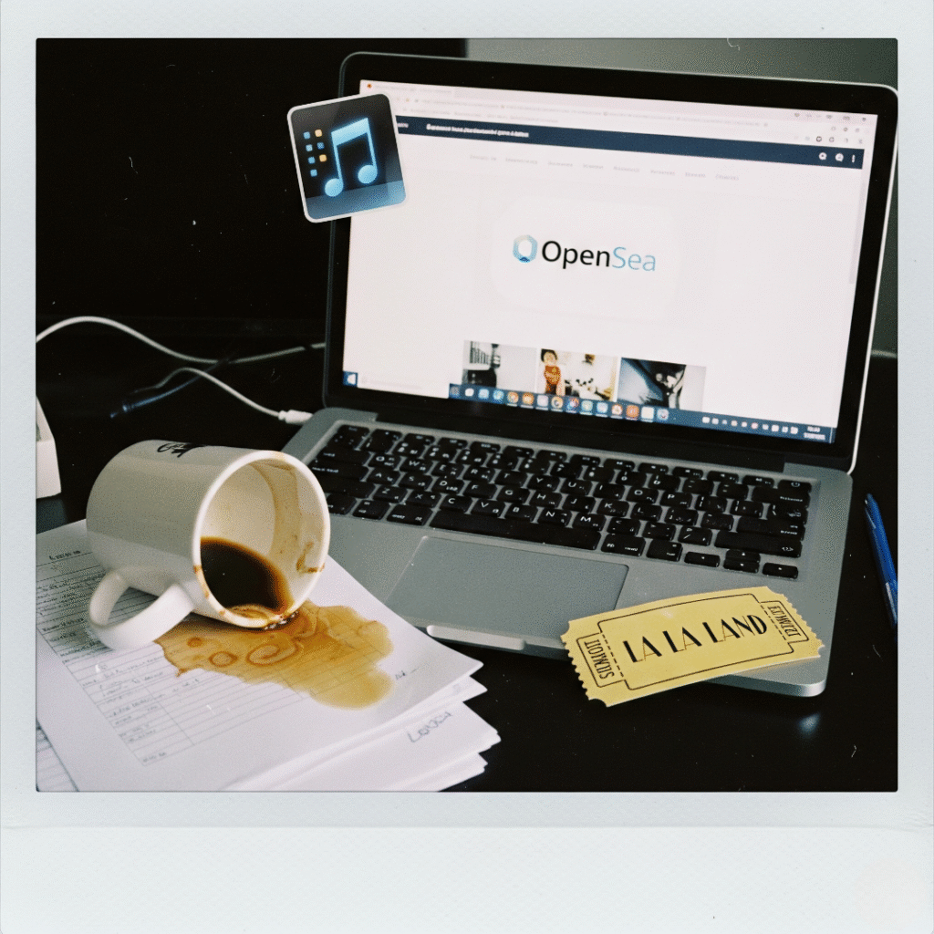 A candid, slightly grainy photo of a cluttered desk with a laptop open to OpenSea, a spilled coffee mug, and a "La La Land" ticket stub.