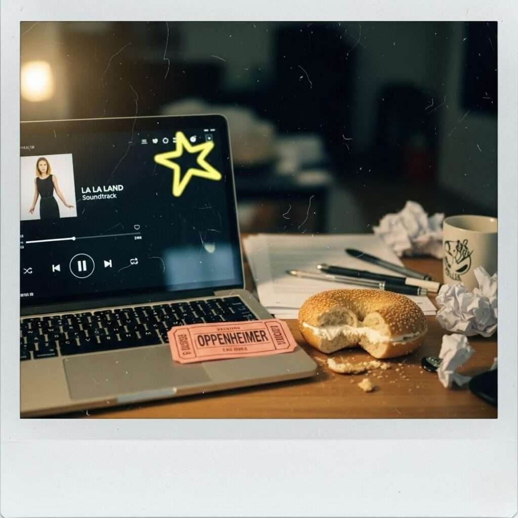 A slightly overexposed vintage Polaroid photo of a messy desk. A laptop is playing a soundtrack, and a half-eaten bagel and a crumpled Oppenheimer ticket stub are on the desk. A star-shaped sticker is on the laptop.