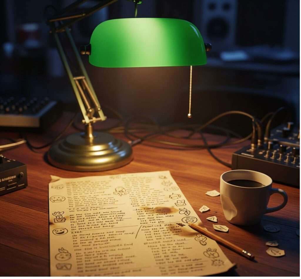 Coffee-stained, doodled lyric sheet under a warm lamp.