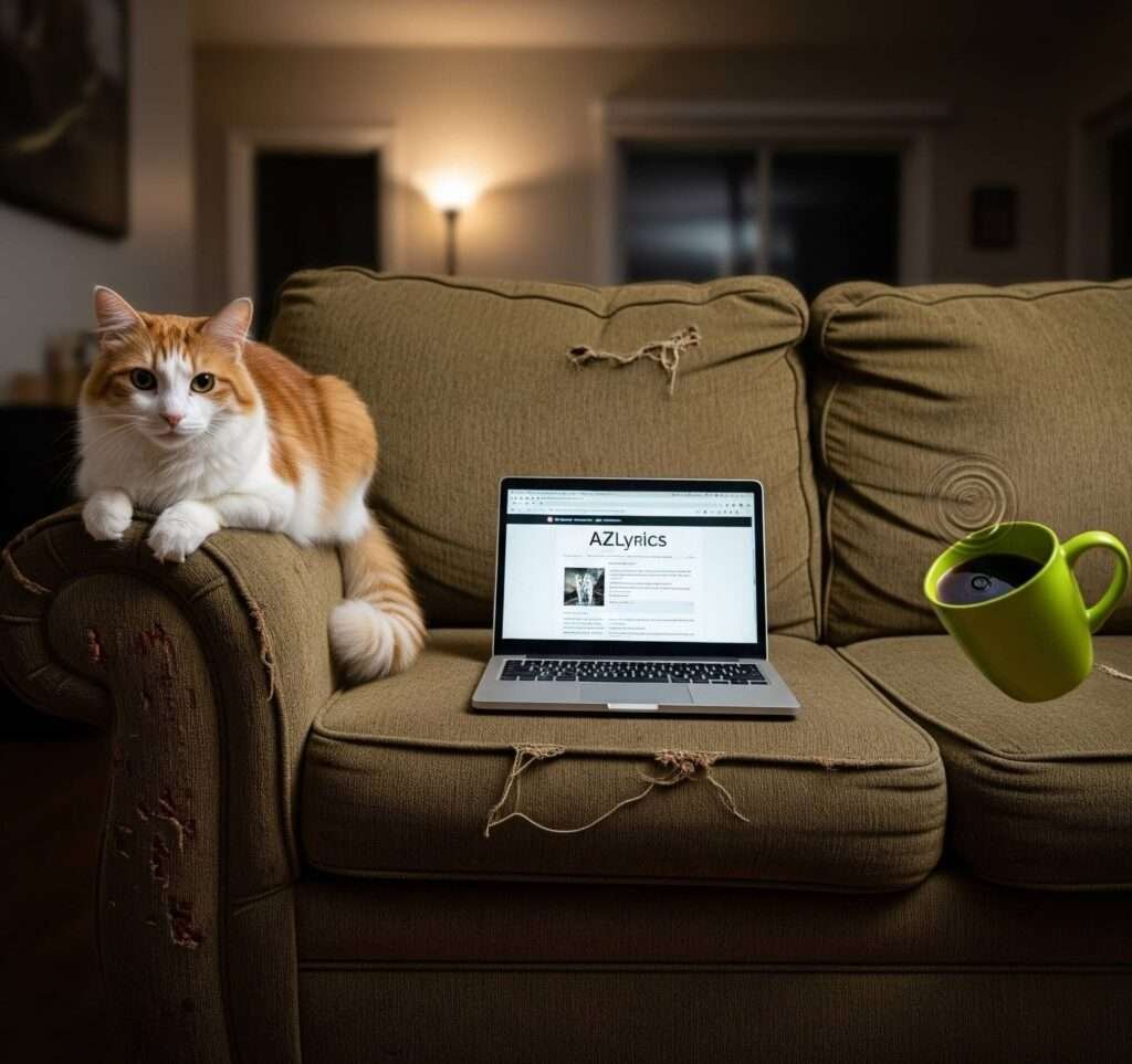 Laptop & Cat on Beat-Up Couch with Spilling Coffee