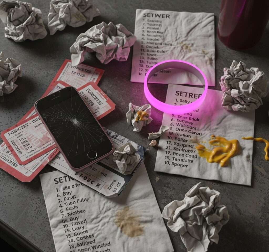 Messy pile of concert gear on a diner table.