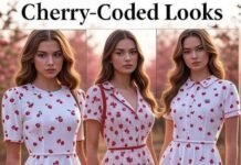 From Runway to Real Life: 9 Cherry-Coded Looks That Slay Every Tim Collage of three cherry-themed outfits featuring a white dress with cherry print, a red dress with cherry patterns, and a cherry-embroidered skirt with a white blouse, under a bold "Cherry-Coded Looks" headline.