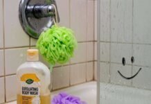 Exfoliating Body Wash Is My New Thing, and I’m Kinda Bad at It Blurry shower scene with beat-up body wash