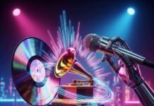 Here’s What the 2025 GRAMMY Results Tell Us About the Future of Music Golden Grammy trophy under neon lights,