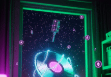How Hollywood Musicians NFTs Are Changing the Game An image of a digital vinyl record glowing with blockchain chains, and a futuristic microphone, floating in a starry sky.
