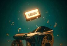 The Impact of Film Soundtracks on Music Charts in the USA An image of a half-melted vinyl record dripping onto a film reel, with a glowing cassette tape floating above them in a starry night sky. The scene is filled with tiny, popcorn-shaped musical notes.